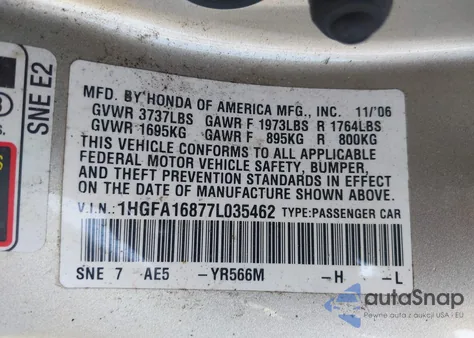 2007 Honda Civic Ex z USA, uszkodzony, nr VIN 1HGFA168771034562